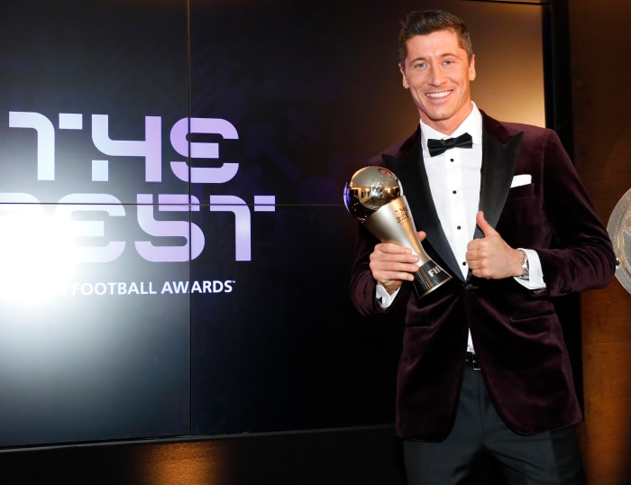 Robert Lewandowski pictured with his trophy after winning The Best FIFA Men's Player award in 2020